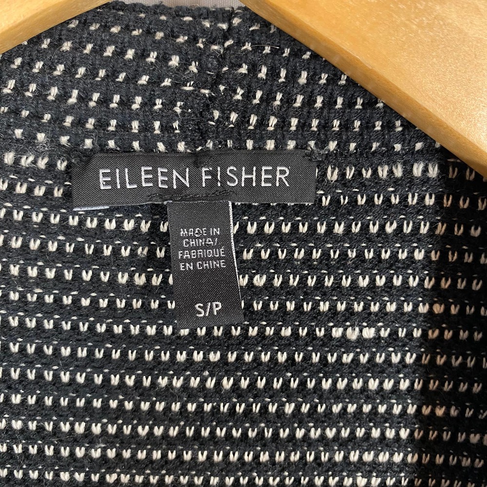 Eileen Fisher Open Front Cardigan Sweater Black White Silk Linen Fall S - Picture 7 of 8